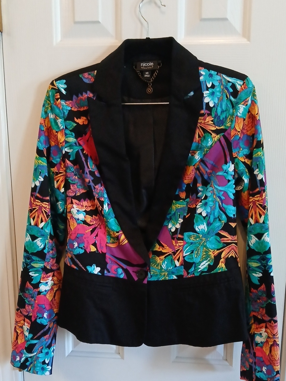 Nicole Miller Floral Satin-Trim Blazer - Black with Multicolor Floral Print XS